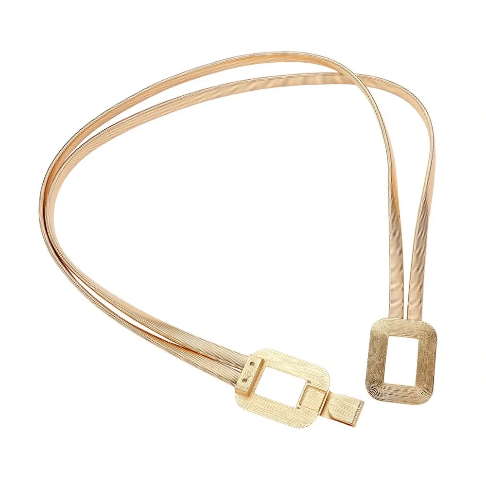 Brushed Metal Rectangle Buckle Accented Stretch Statement Belt